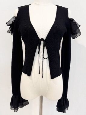 NWT Zara Ribbed Knit Tie Front Ruffle‎ Cardigan Blouse Top Chic Black New Small